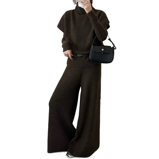 High neck sleeveless sweater, long sleeved base shirt, wide leg pants, three piece set