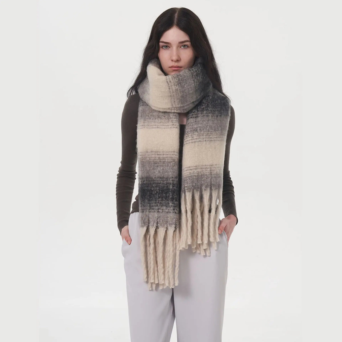 Gradient Color Block Cashmere Scarves Comfort Stripe Tassel Scarf Autumn Winter Keep Warm Simple Fashion Commuting Long Muffler