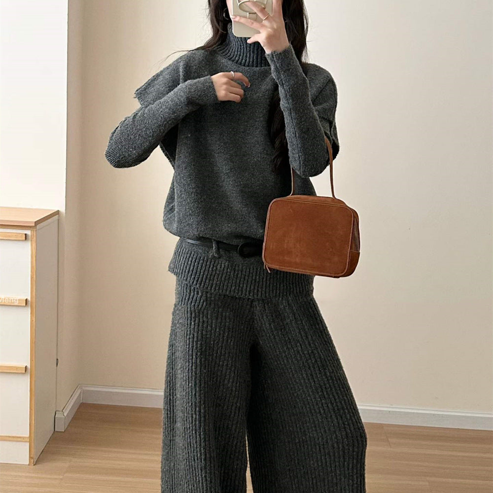 High neck sleeveless sweater, long sleeved base shirt, wide leg pants, three piece set