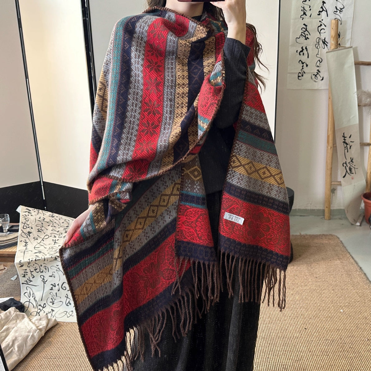 Ethnic wind stripe contrast color tassel shawl woman winter scarves other scarves shawls summer scarf