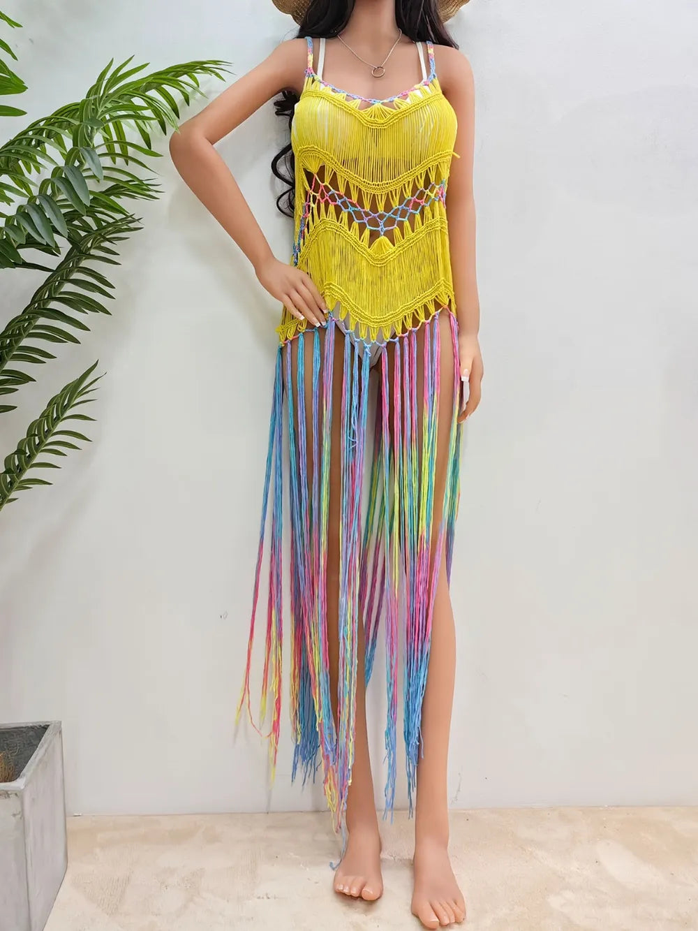 Women's pure hand crochet dyed tassel skirt with random gradient camisole skirt