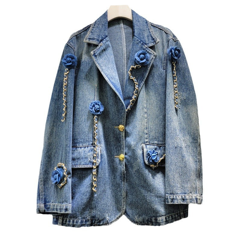 Women Denim Blazer Patchwork Flowers Gold Chains Washed Notched Collar Elegant Suit Jackets  Autumn New Fashion
