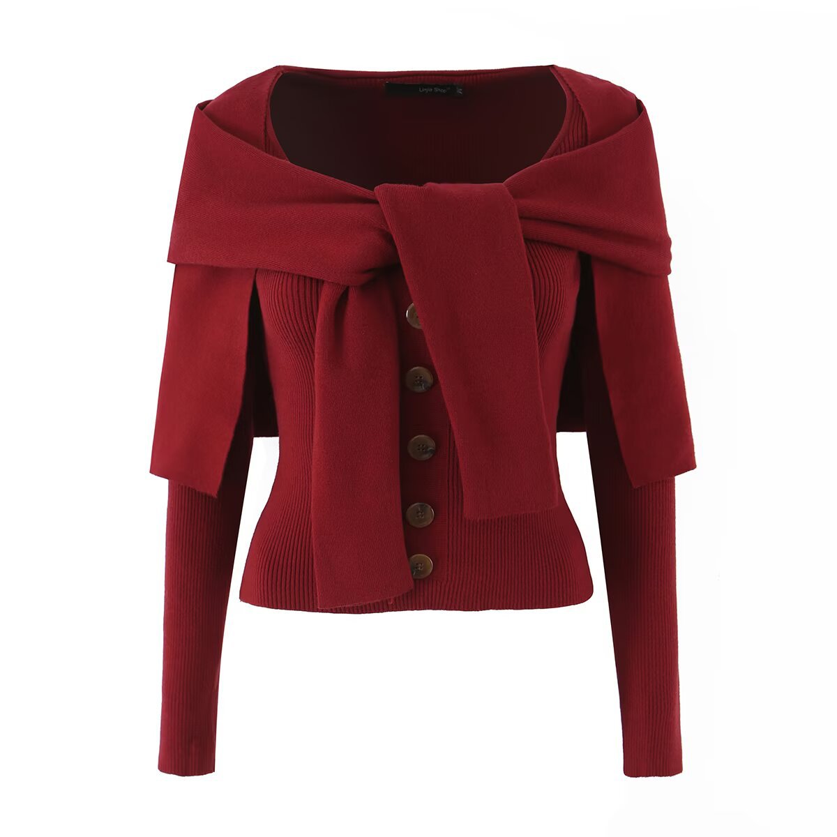 Women's Short Slim Fit Knit Cardigan Sweater Top, Double Layer Shawl Collar Wrap Tie Long Sleeve Fall Sweater