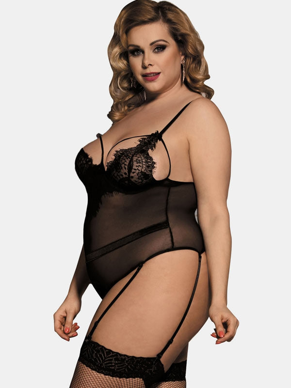 LA BELLA Plus Size Lace Insert Mesh Lingerie Teddy