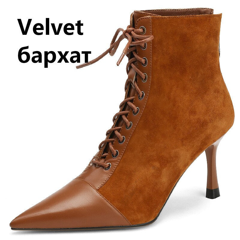Elegant Women Ankle Boots Pointed Toe Thin High Heels Female Office Genuine Leather Cross-Tied Shoes Woman