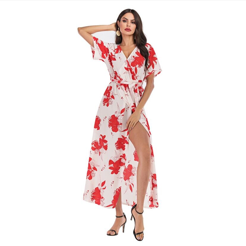 Dress Short Sleeve A Line  Floral Print Chiffon Deep V-Neck Split Sexy Women Summer Dresses Bohemian Beach Elegant Party Vestido