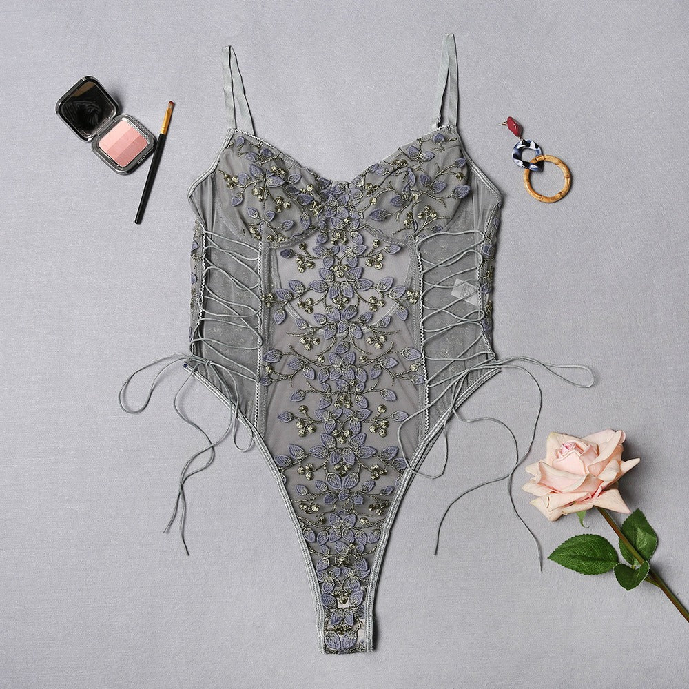 LA BELLA Erotic Lingerie Lace Flower Embroidery Lace-Up Sexy Perspective Temptation Jumpsuit For Women