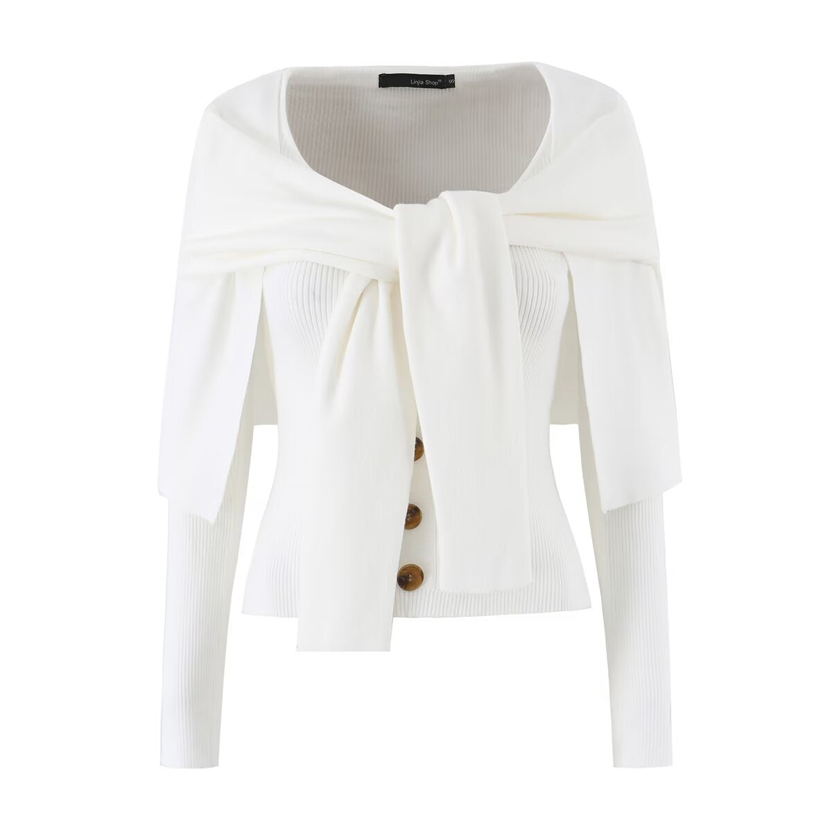 Women's Short Slim Fit Knit Cardigan Sweater Top, Double Layer Shawl Collar Wrap Tie Long Sleeve Fall Sweater