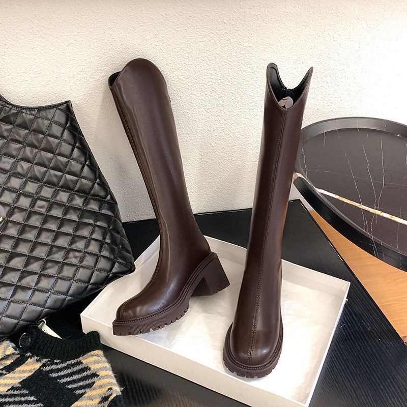 High Boots Women's High Bootsy Boots Chunky Heel Boots v Mouth Elastic Skinny Boots