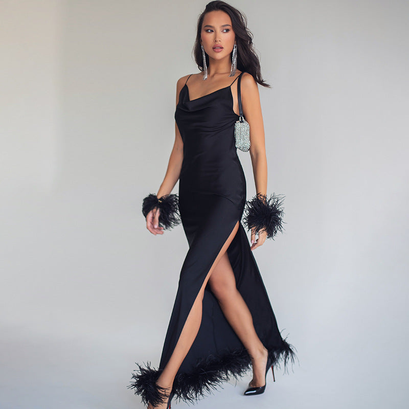 Sling Satin Fur Dress Autumn Fashion Women Sexy Open Back Slit Long Skirt