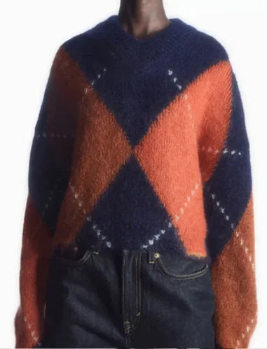 Vintage Women Contrasted Patchwork Short Sweater Fashion Warm  Neck Long Sleeve Knit Pullover Autumn Ladies