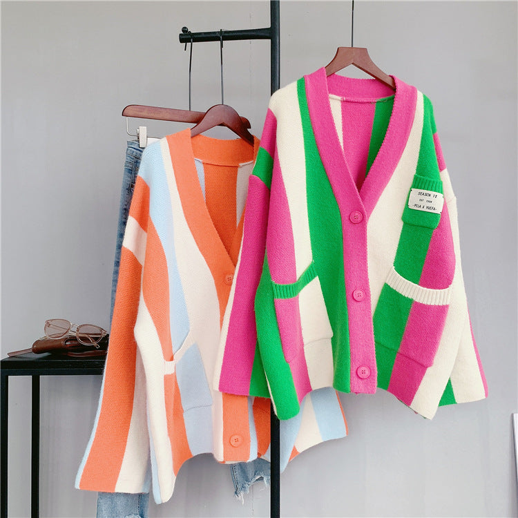 Autumn contrasting vertical striped sweater jacket for women, new loose and lazy knitted cardigan for women