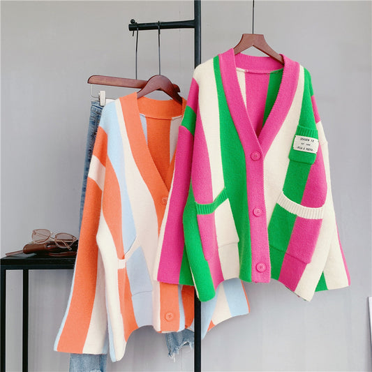 Autumn contrasting vertical striped sweater jacket for women, new loose and lazy knitted cardigan for women