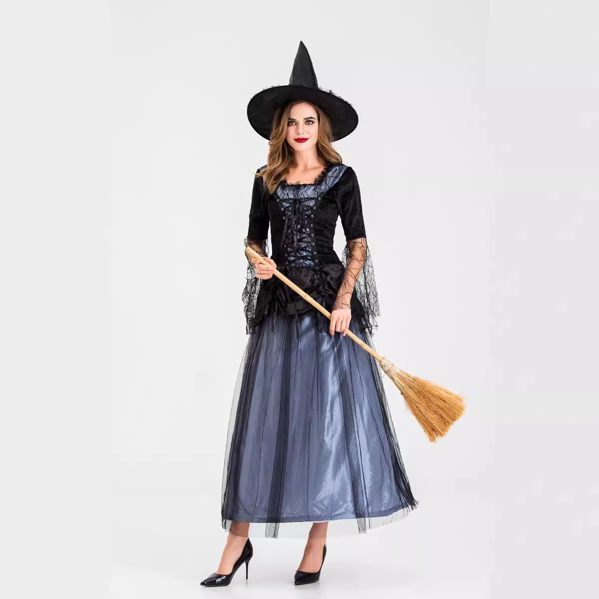 Halloween Cosplay Witch Costume Women's Black Lace Mesh Dress