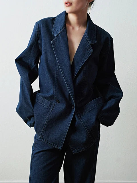 Solid Vintage Denim Coats For Women Notched Collar Long Sleeve Patchwork Single Button Minimalist Coat Female Style