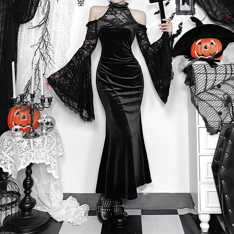 Chic Off-Shoulder Long Sleeve Witch Dress for Women, Dark Gothic Style, Sexy Fitted Maxi Dress