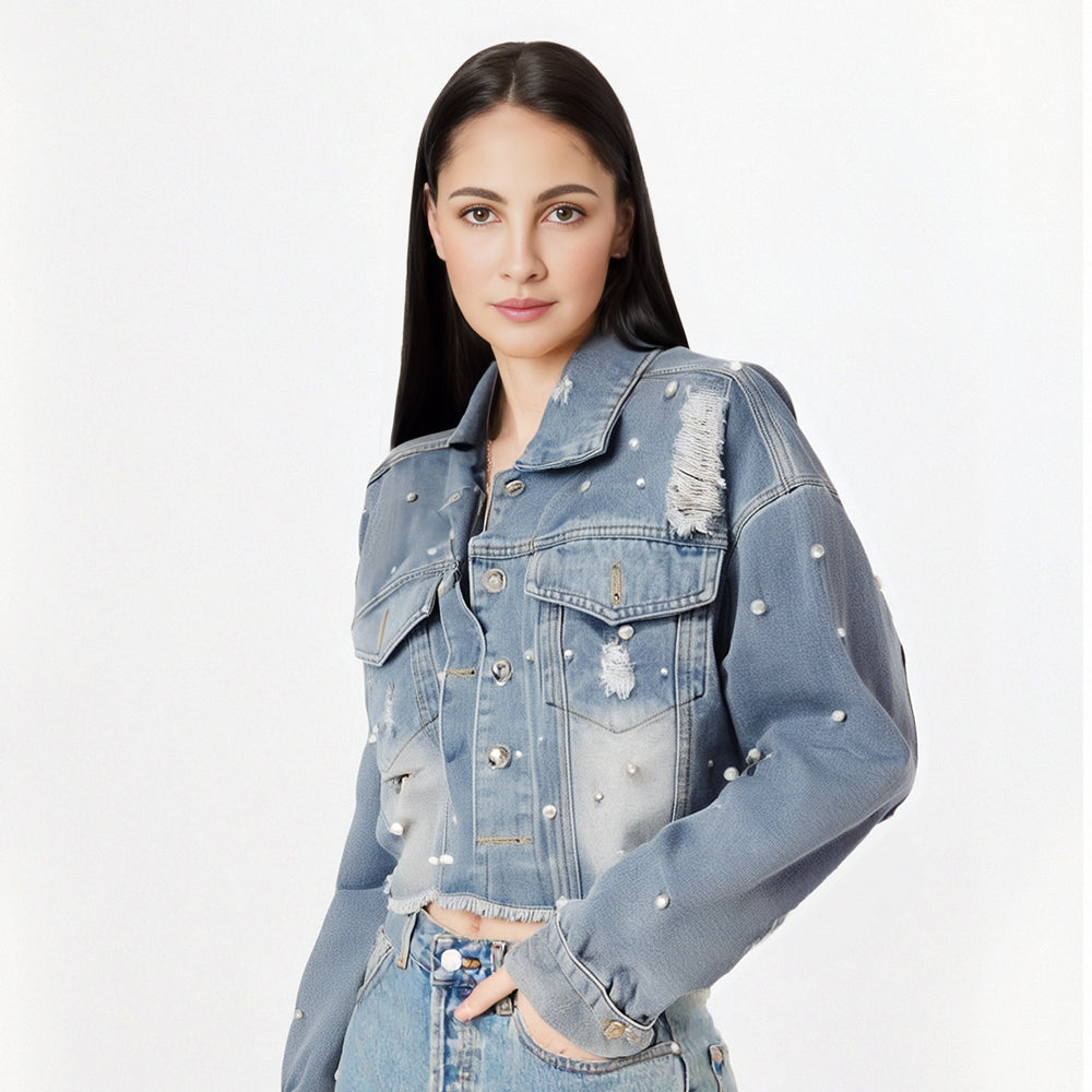 Badge of Pearls Distressed Washed Single Breasted Short Jackets  Autumn New Fashion