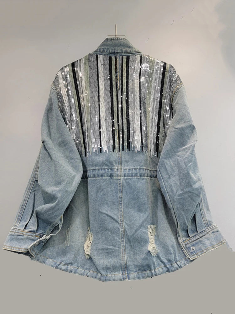 Autumn Trendy Fashion Women Striped Sequins Design Loose Denim Coat Turn-down Collar Long Sleeve Jacket