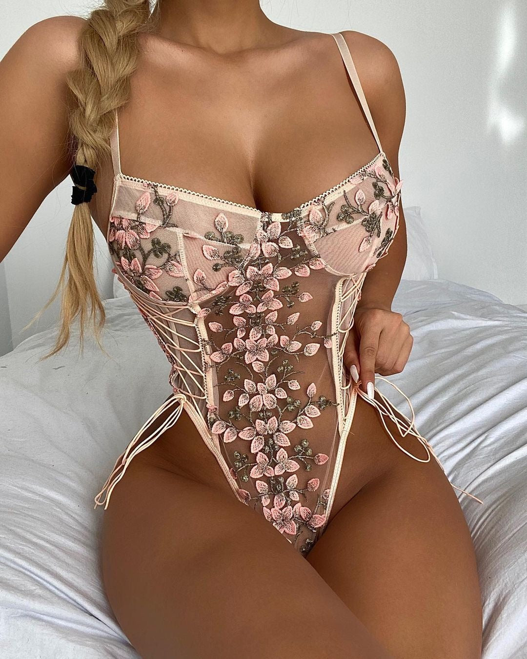 LA BELLA Erotic Lingerie Lace Flower Embroidery Lace-Up Sexy Perspective Temptation Jumpsuit For Women