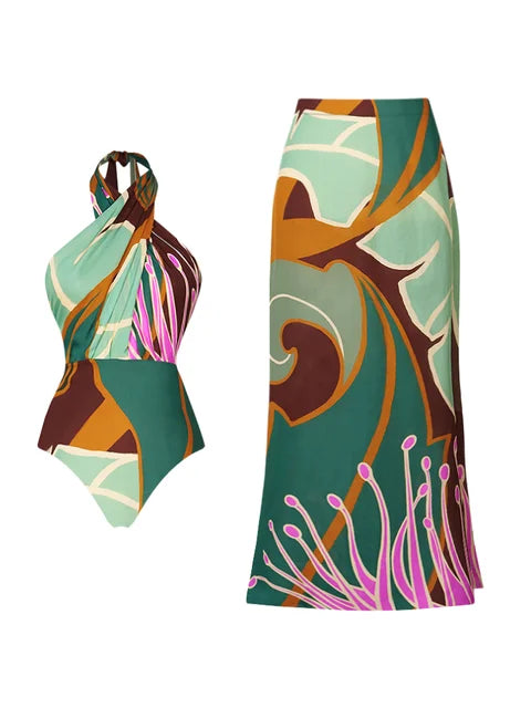 BORIKEN'S HALTER PRINTED ONE PIECE WOMEN'S SWIMSUIT WITH SUMMER SKIRT