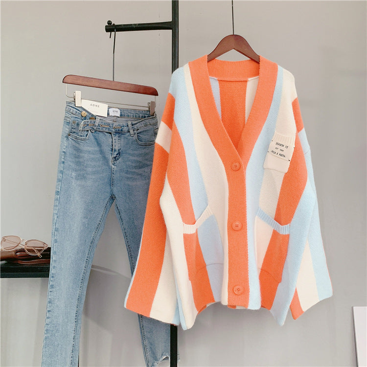Autumn contrasting vertical striped sweater jacket for women, new loose and lazy knitted cardigan for women