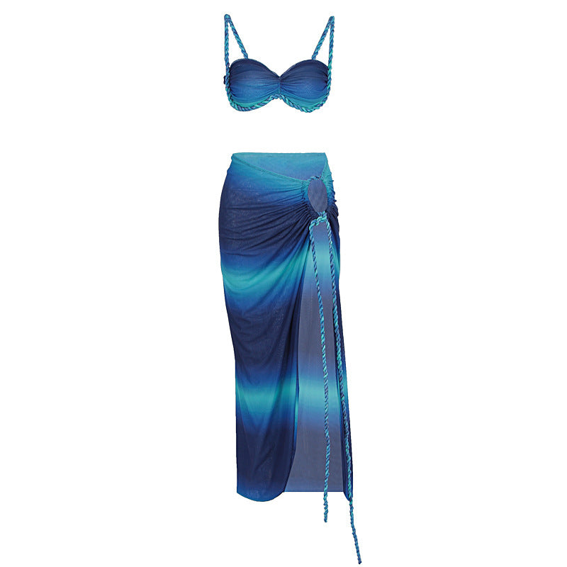 KISCHA Beach vacation swimsuit woven camisole top split skirt set