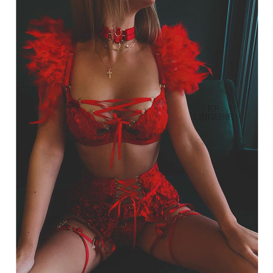 Embroidered Feather Sexy Lingerie Set with Underwire Shapewear Bra, Thong and Garter Belt