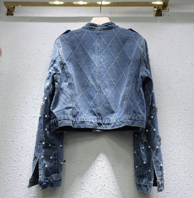 Women's Denim Jacket O-neck Embroidered Flares Diamond Badge of Pearls Buttons Plaid Elegant Coat  Autumn