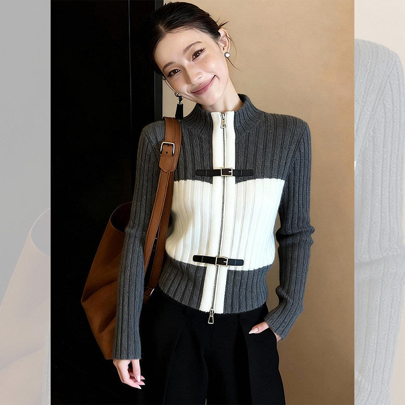 Elegant Color-Blocked Versatile Half-Stand Collar Zip-Up Knit Cardigan Women's Commuter Style Top
