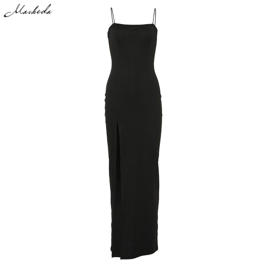 Macheda Autumn Women Spaghetti Strap Dress Autumn Sexy Split Solid Slim Lady Ankle Length Vintage Wear Dress