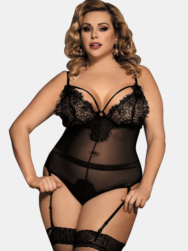 LA BELLA Plus Size Lace Insert Mesh Lingerie Teddy