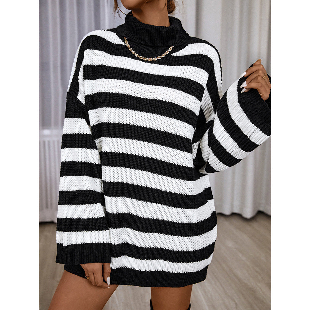 Autumn And Winter Women's Striped Sweater Casual Long-Sleeved Half Turtleneck Loose Sweater Women
