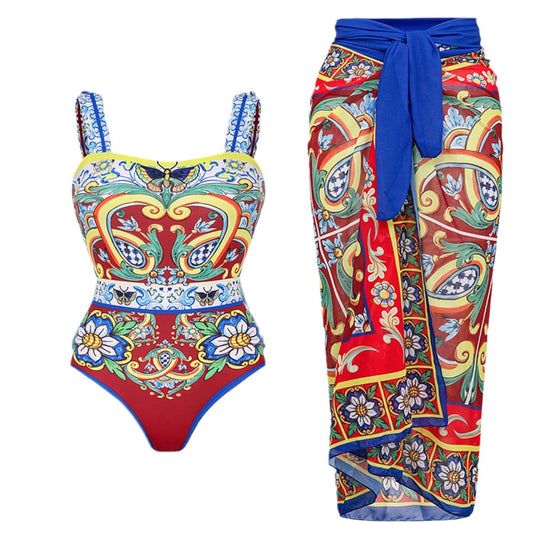 ISABELLA REGAL TIGHT FITTING SLIMMING HOT SPRING SWIMSUIT, CHIFFON LONG SKIRT