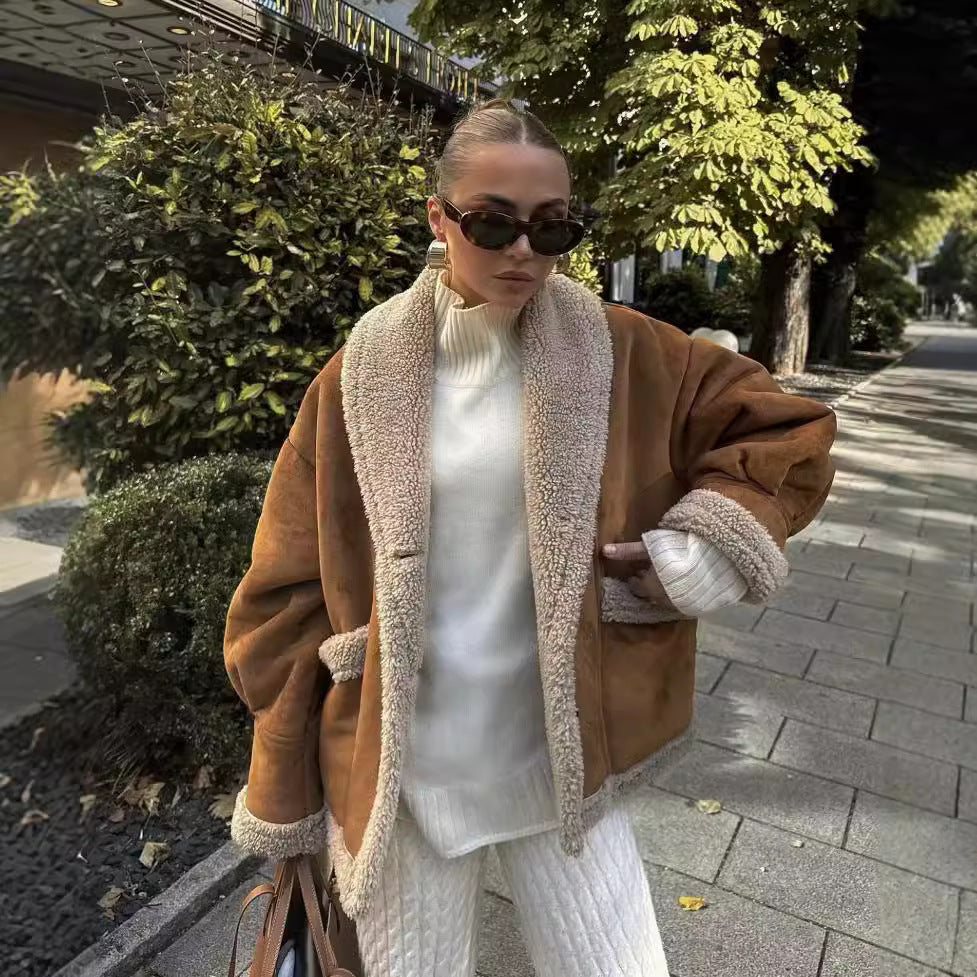 Autumn and winter women's clothing American retro woolen coat with loose collar and fur one-piece top for women