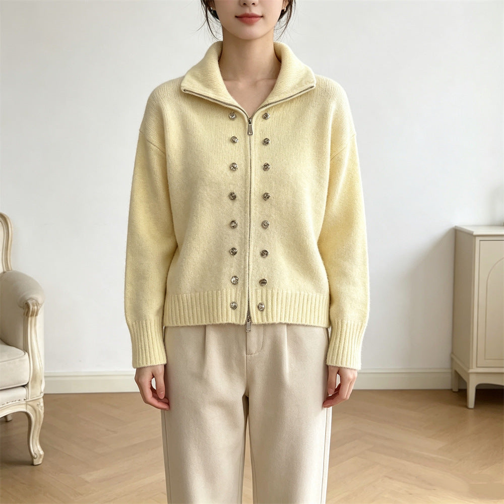 Double row decorative buckle solid color zipper sweater