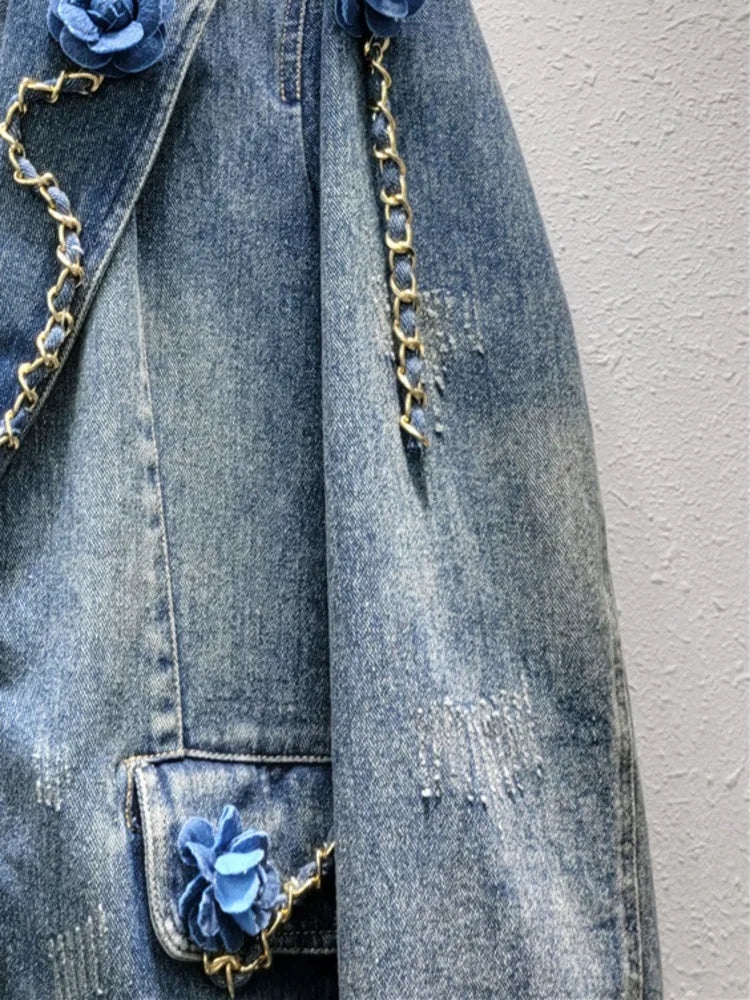 Women Denim Blazer Patchwork Flowers Gold Chains Washed Notched Collar Elegant Suit Jackets  Autumn New Fashion