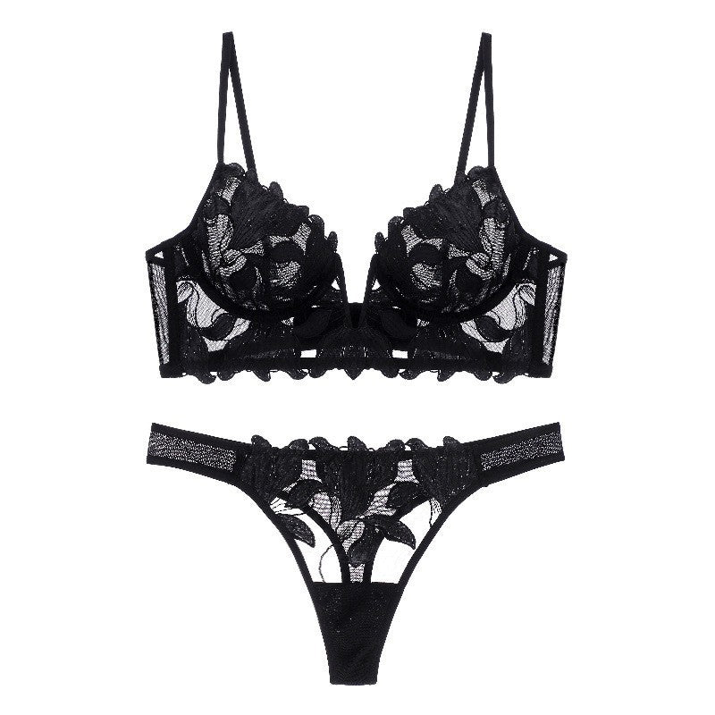 LA BELLA Sexy lingerie ultra-thin deep V-embroidered lace lingerie women's plus size bra set bra