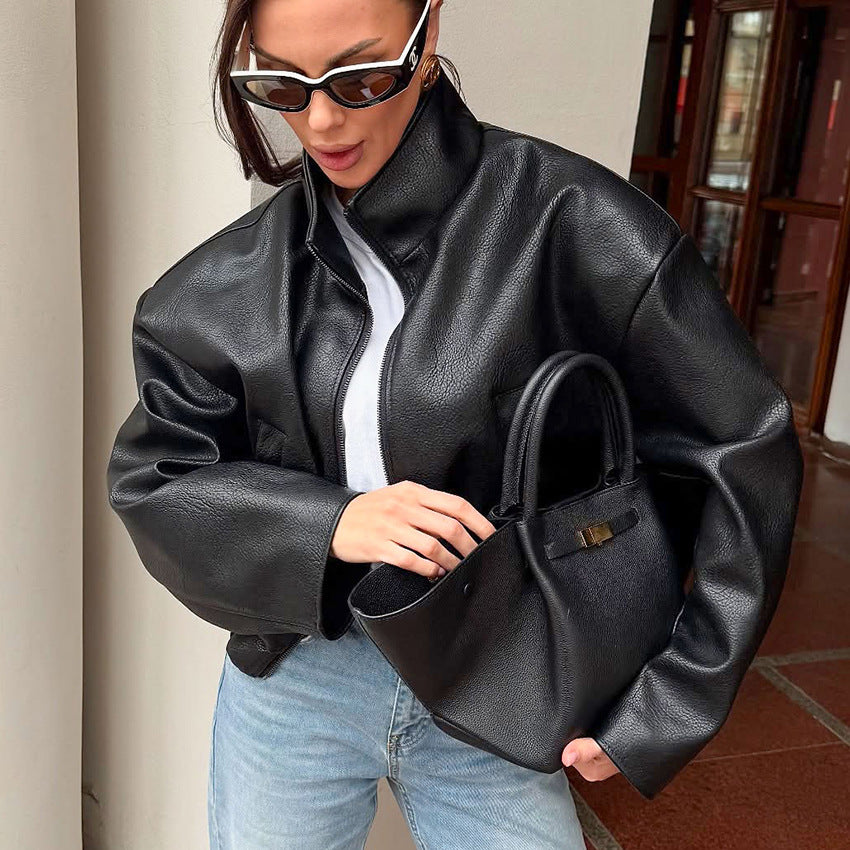 High-Grade Black PU Leather Jacket for Women with Design Sense, Elegant and  Commuter Style