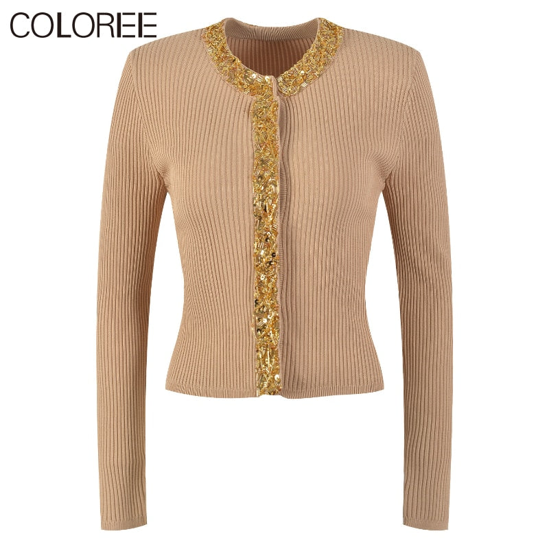 Spring Autumn Long Sleeve Top 2023 Luxury Sequin Beading O-neck Knitted Sweater Women Elegant Cardigans Khaki White Black