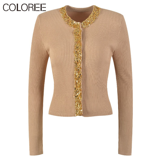 Spring Autumn Long Sleeve Top 2023 Luxury Sequin Beading O-neck Knitted Sweater Women Elegant Cardigans Khaki White Black
