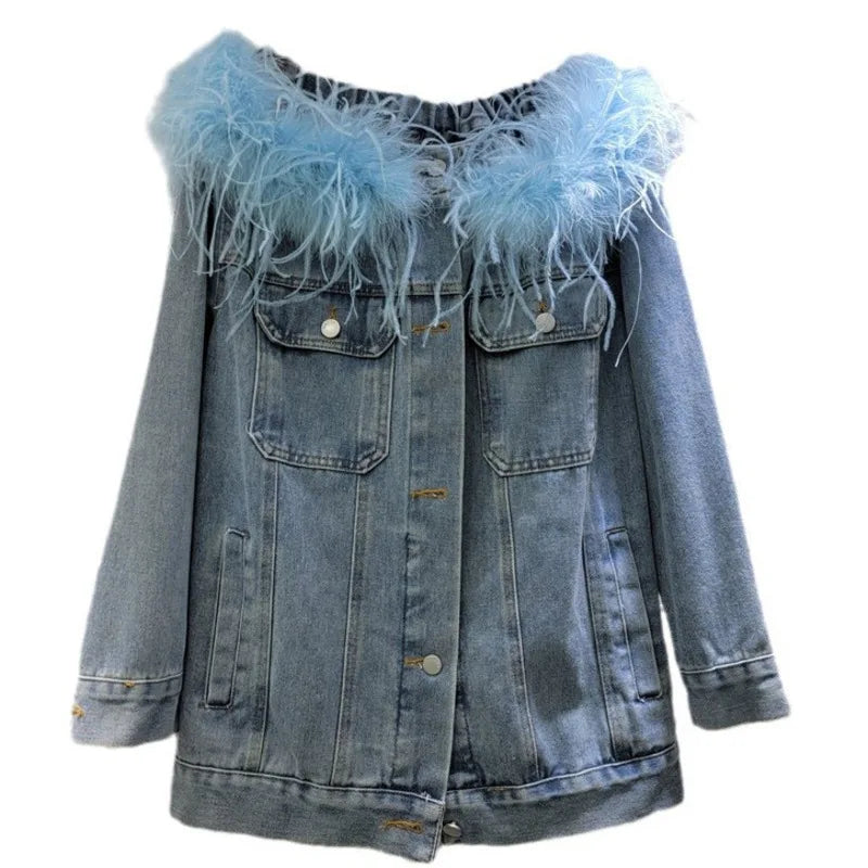 Women's Fashion Feather Patchwork Slash Neck Single Breasted Denim Coats Spring New Items Loose Jackets