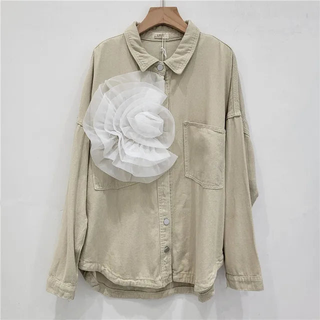 Pleated Flower Decoration Denim Shirt Top For Women  Autumn New Fashion Loose Versatile Casual Blouse Female