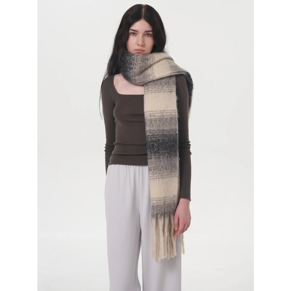 Gradient Color Block Cashmere Scarves Comfort Stripe Tassel Scarf Autumn Winter Keep Warm Simple Fashion Commuting Long Muffler