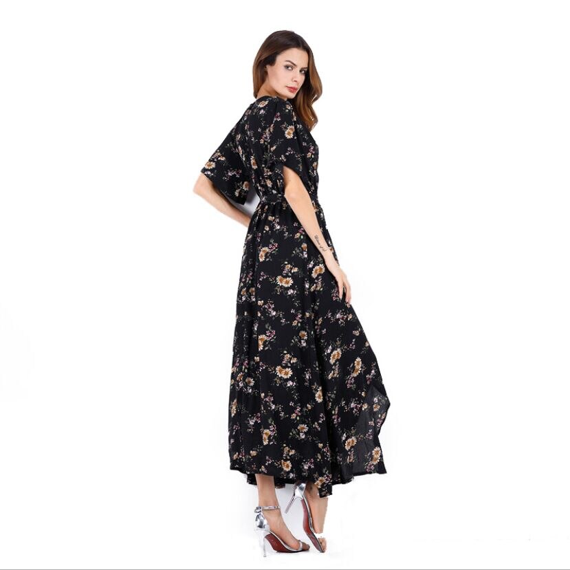 Dress Short Sleeve A Line  Floral Print Chiffon Deep V-Neck Split Sexy Women Summer Dresses Bohemian Beach Elegant Party Vestido