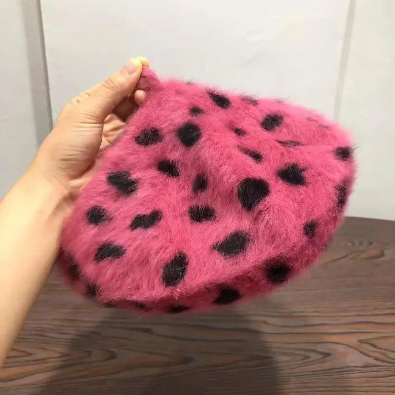 Dr. Powtry's Beret Women Rabbit Fur Spotted Leopard Beret Sherlock Hat Beret Cute Elegant Beret Warm Hat Elegant Ladies Winter Hat Wholesale