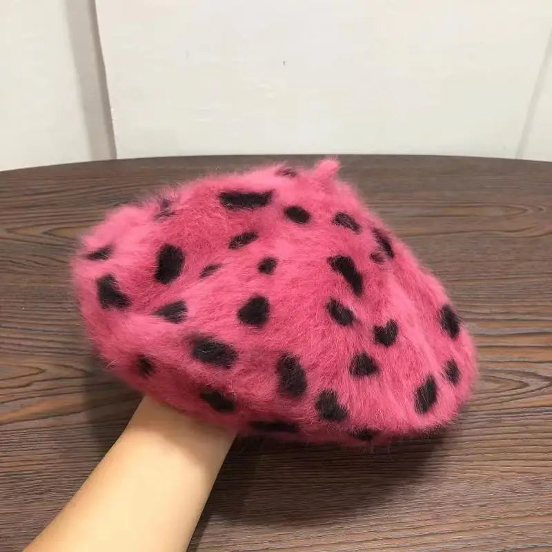 Dr. Powtry's Beret Women Rabbit Fur Spotted Leopard Beret Sherlock Hat Beret Cute Elegant Beret Warm Hat Elegant Ladies Winter Hat Wholesale