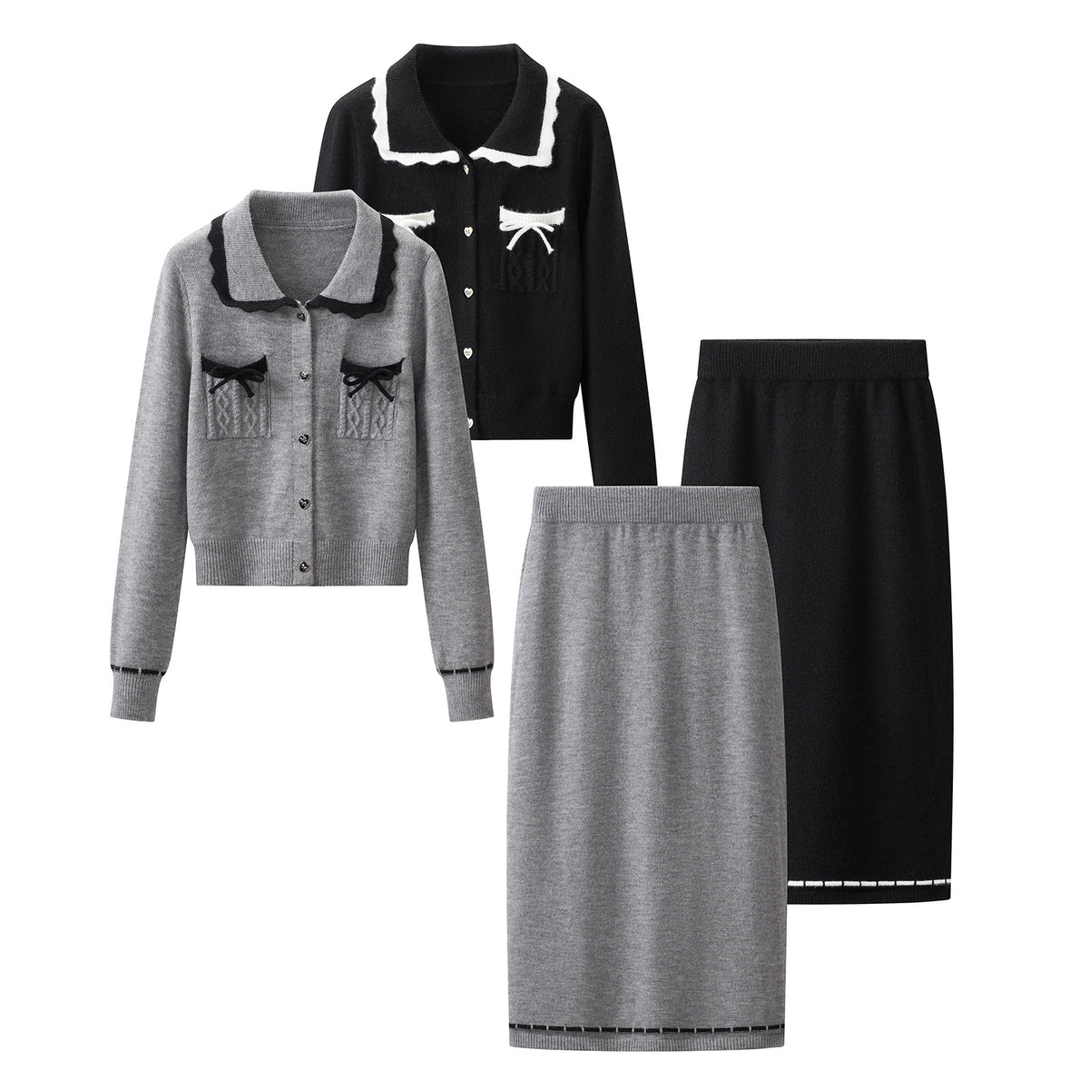 Casual Knit Collared Cardigan Jacket Skirt Two-Piece Set for Women