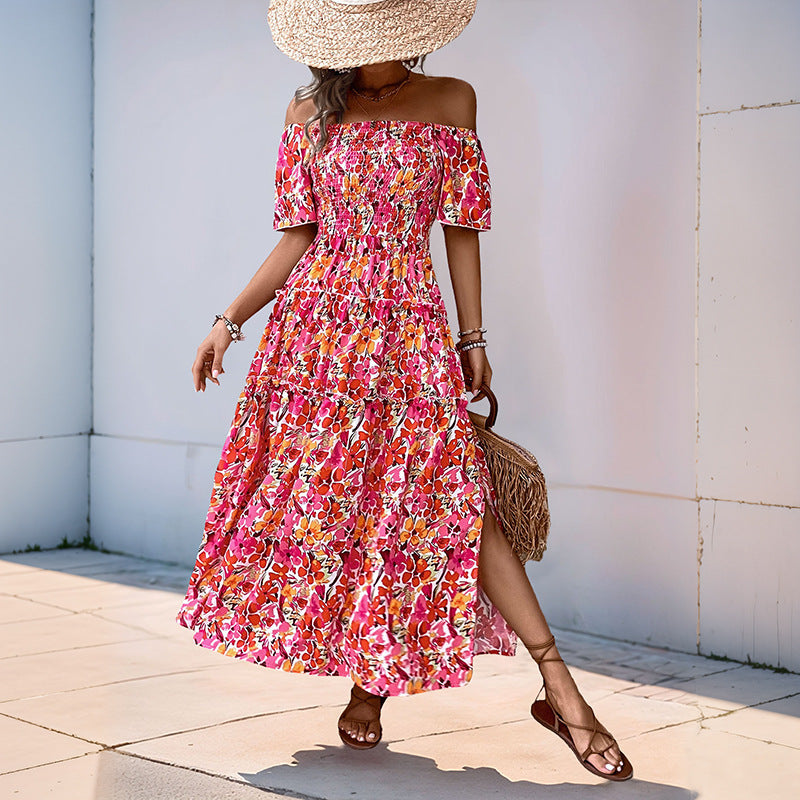 Bohemian style one shoulder bubble sleeve floral print dress