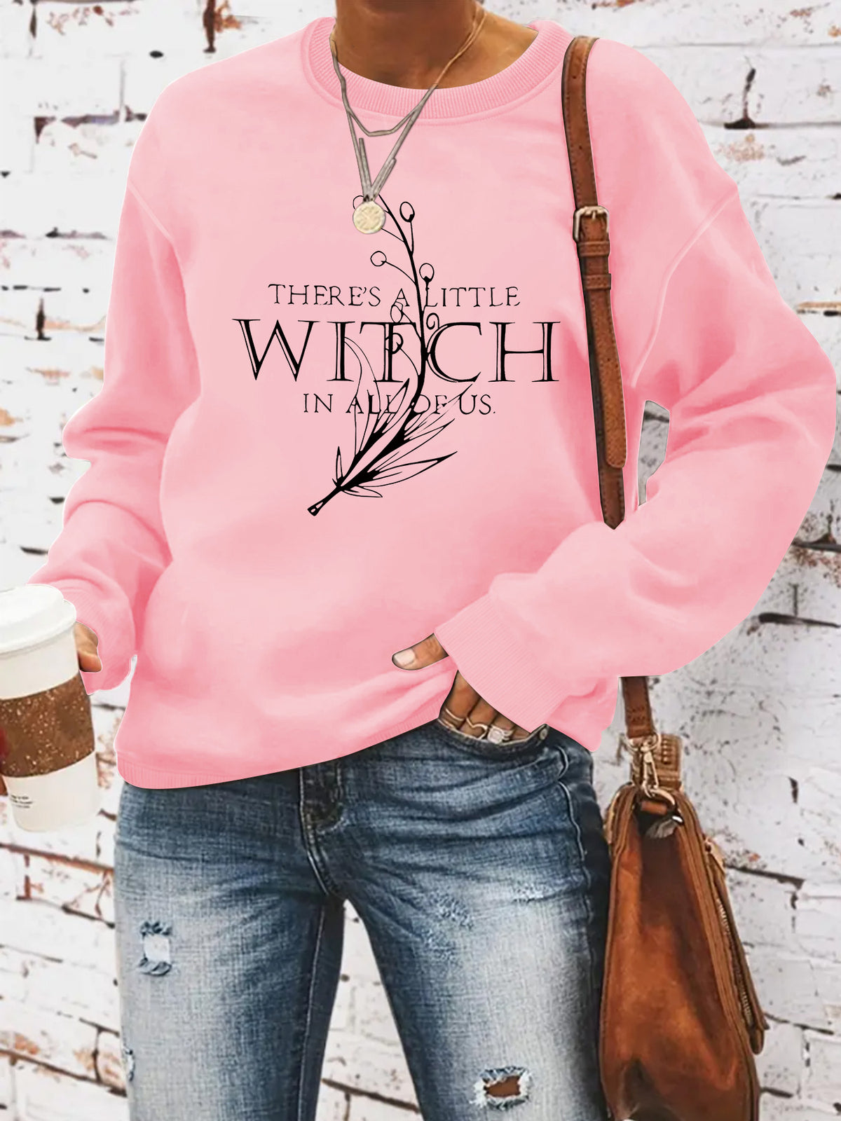 Living in a witch print round neck hoodie