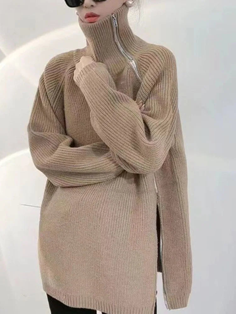 Temperament Turtleneck Solid Color Loose Sweater Cardigan For Women Casual Zipper Knitted Coats Top  Autumn New